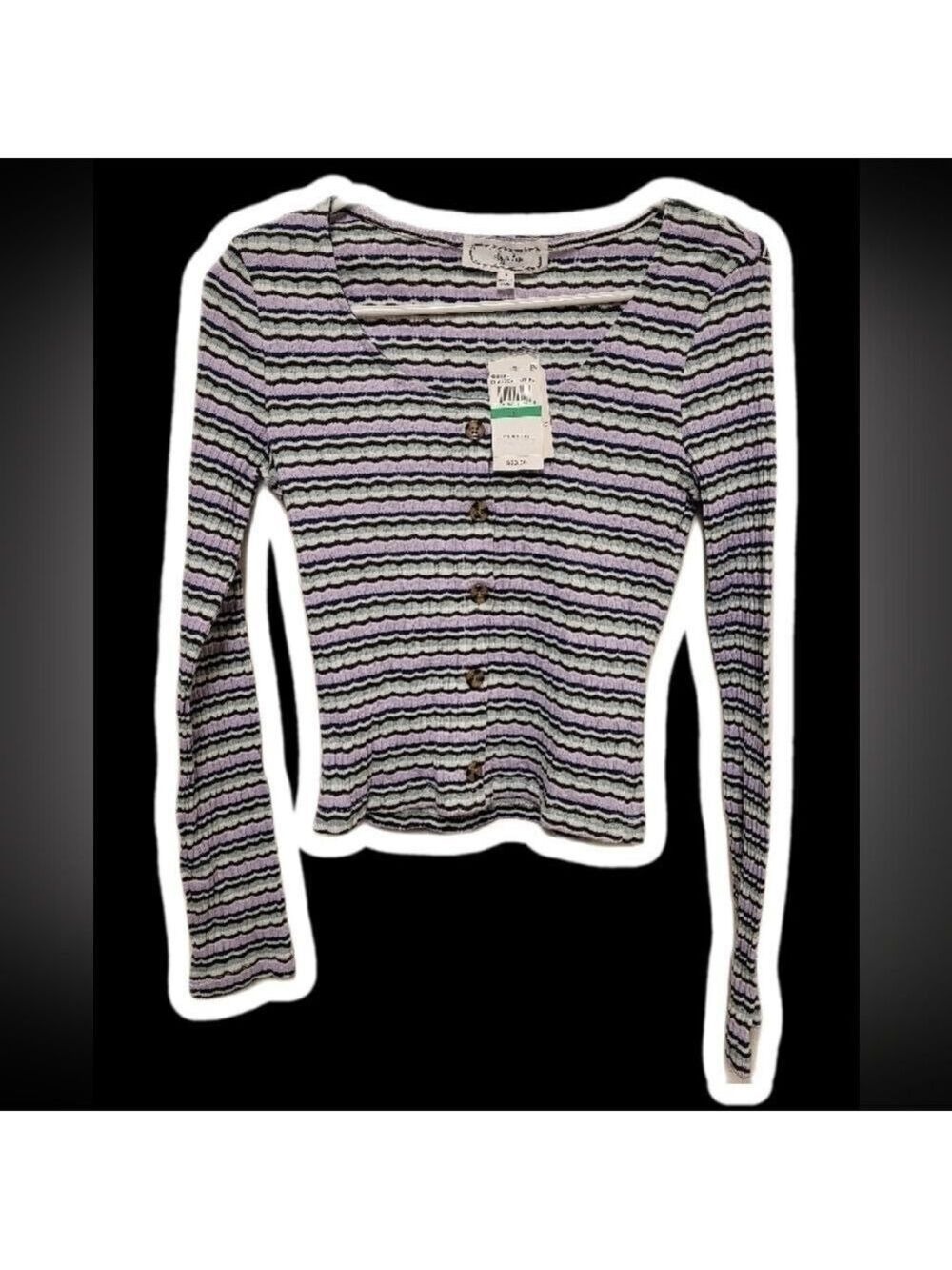 NWT HIPPIE ROSE Womens Gray Striped Long Sleeve Scoop Neck Button Up Top Sz L